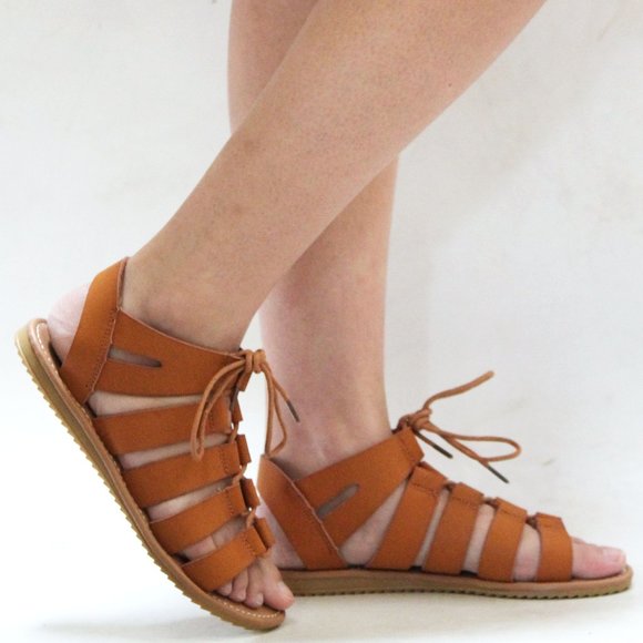 New Tan Lace Up Strappy Gladiator Flat Sandals - Picture 4 of 4
